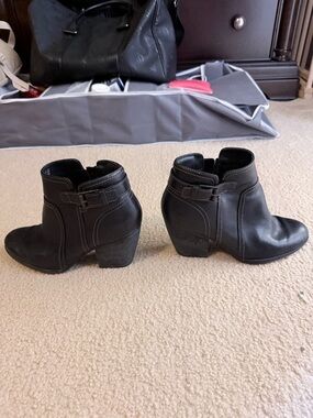 Clarks Black Leather Ankle Booties with Low Block Heel